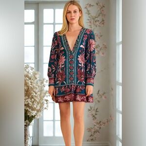 Farm Rio V-Neck Seashell Tapestry multi color Size S Mini Dress Balloon Sleeve